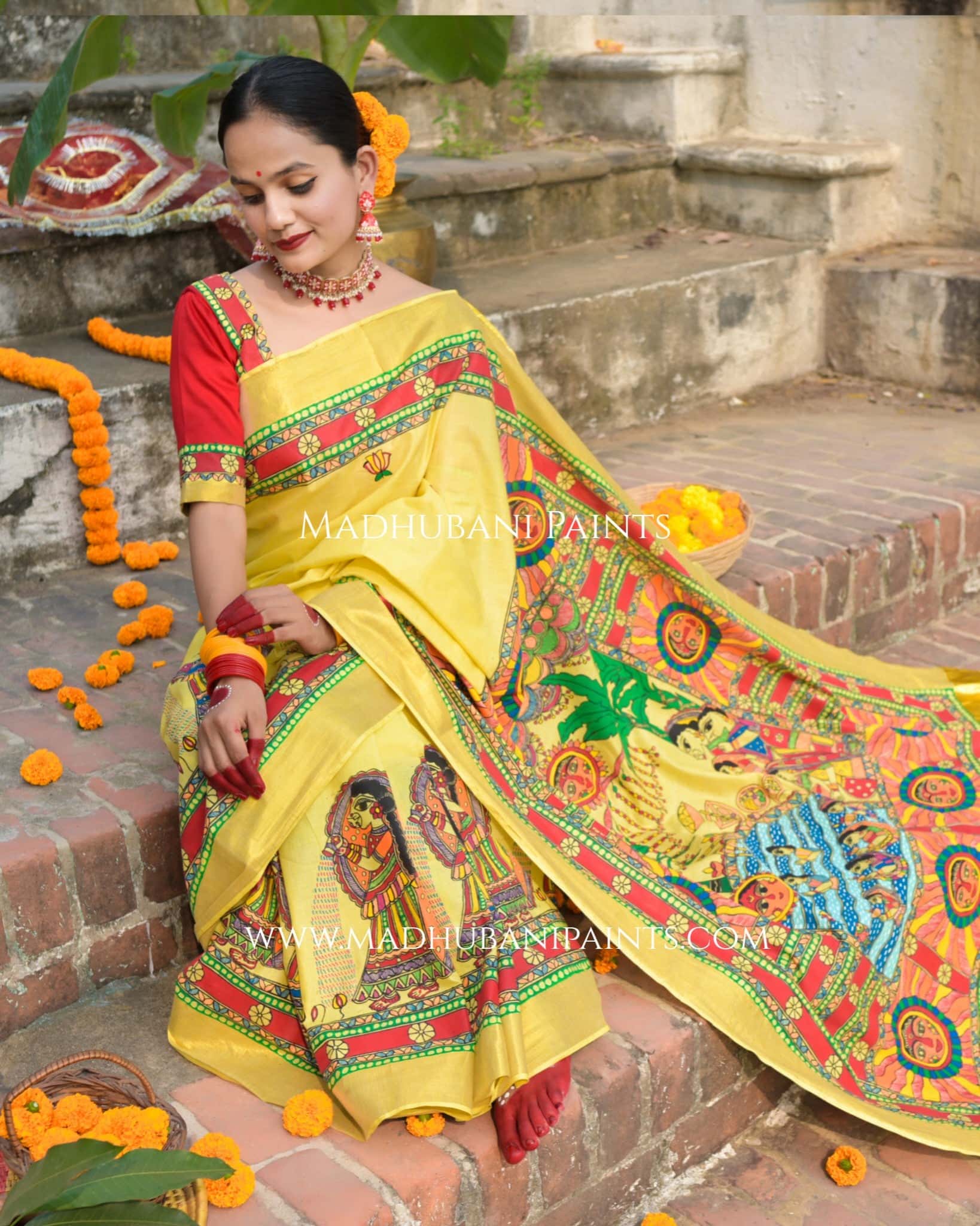 Surya Shalini Chhath Puja Handpainted Madhubani Cotton Saree — image 8 of 13