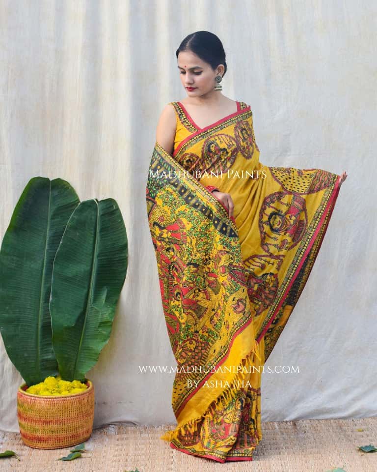 'GOVARDHAN' Handpainted Madhubani Tussar Silk Saree — image 6 of 9