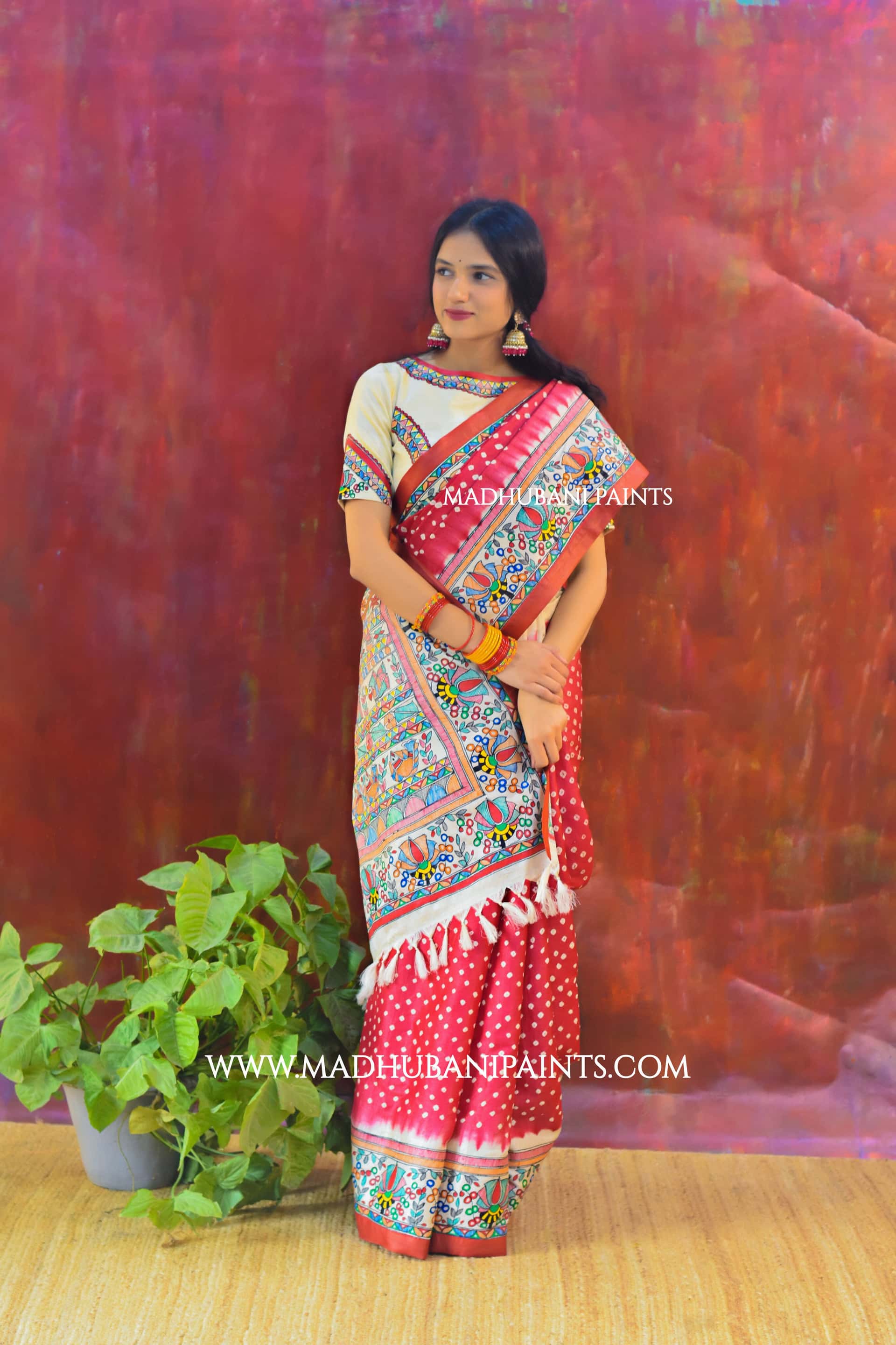 LAALI Handpainted Tussar Silk Bandhini Madhubani Saree Blouse Set — image 5 of 9