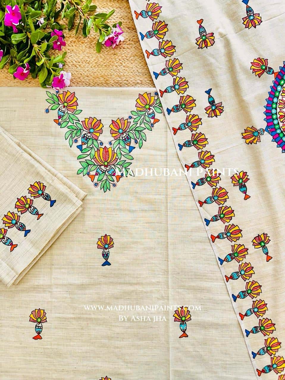 Kamal Nayan Hand-painted Madhubani Painting Cotton Unstitched Kurta Pant Dupatta Set — image 2 of 3