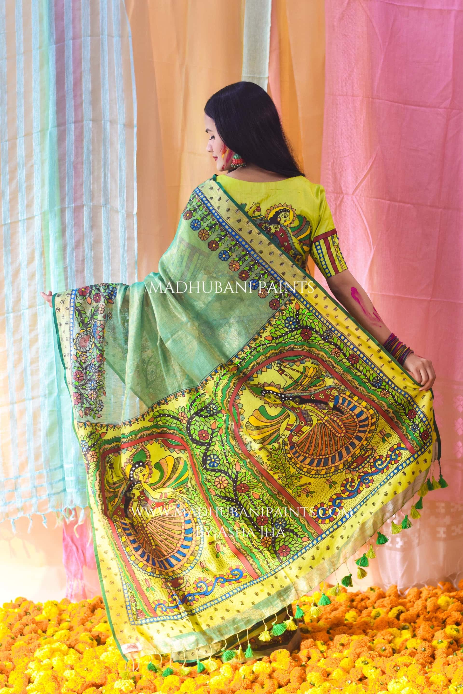 VASANTI Hand-painted Madhubani Tissue Linen Saree Blouse Set — image 5 of 10