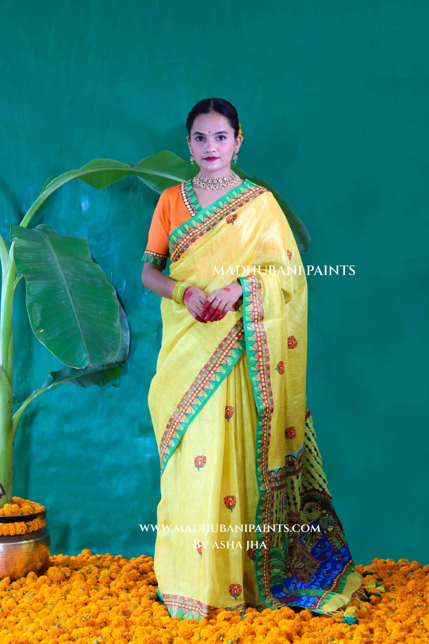 VRATI Chhath Puja Handpainted Madhubani Tissue Linen Saree Blouse Set — image 10 of 15