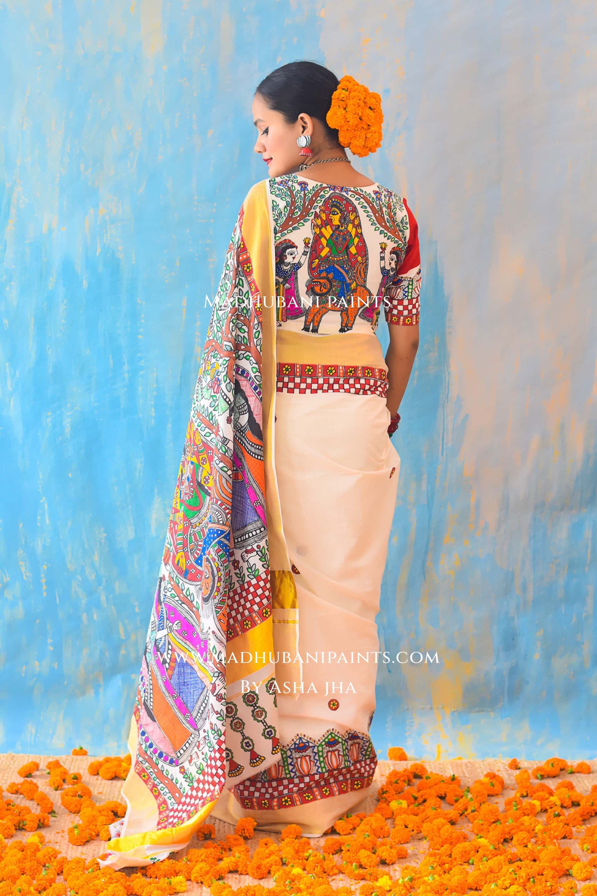 BHAIRAVI Hand-painted Madhubani Handloom Cotton Saree Blouse Set — image 5 of 7