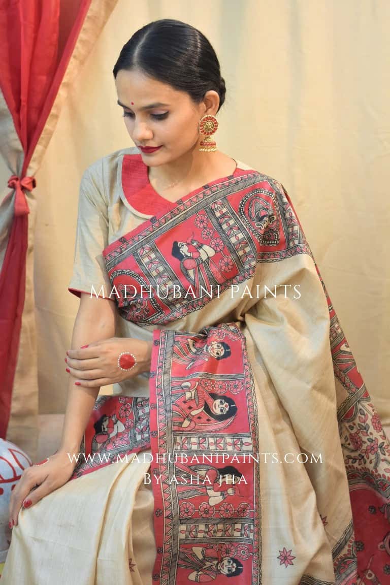 'MAHAGAURI' Handpainted Madhubani Tussar Silk Saree — image 6 of 7