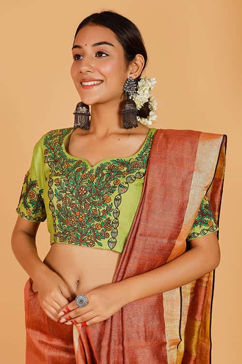 'Doli Bidai' Handpainted Madhubani Tussar Silk Blouse — image 2 of 7
