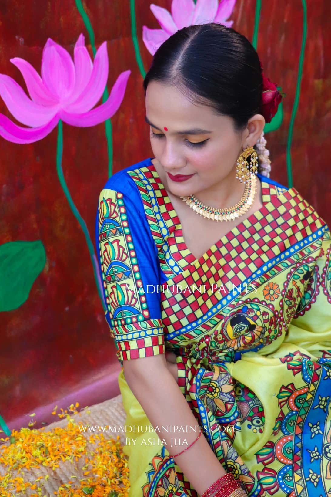 "KAMAKSHI" Handpainted Madhubani Tussar Silk saree blouse set — image 5 of 12