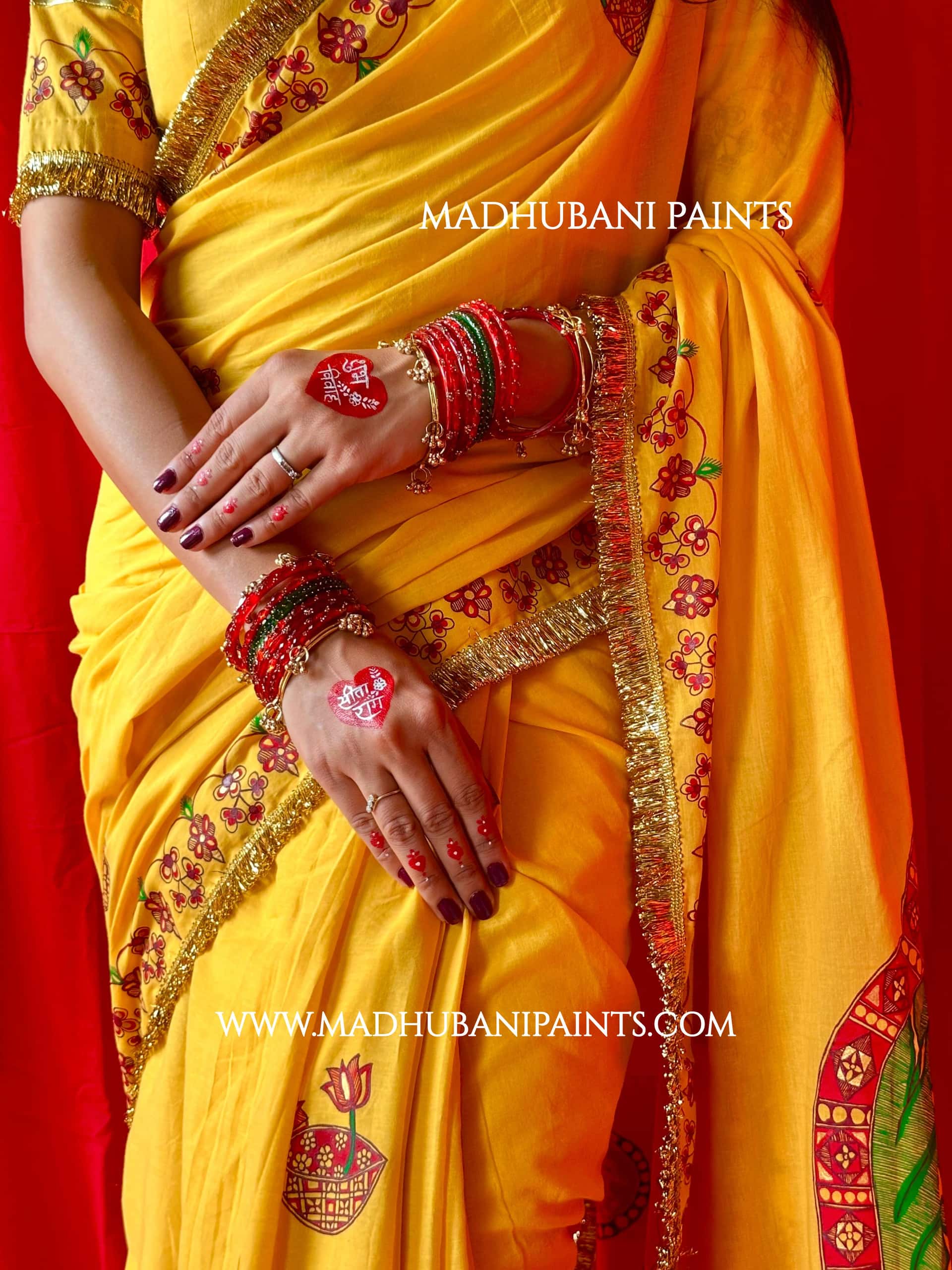 Swayambar Bihari Bridal Hand-painted Madhubani Painting Cotton Saree Blouse Set — image 6 of 12