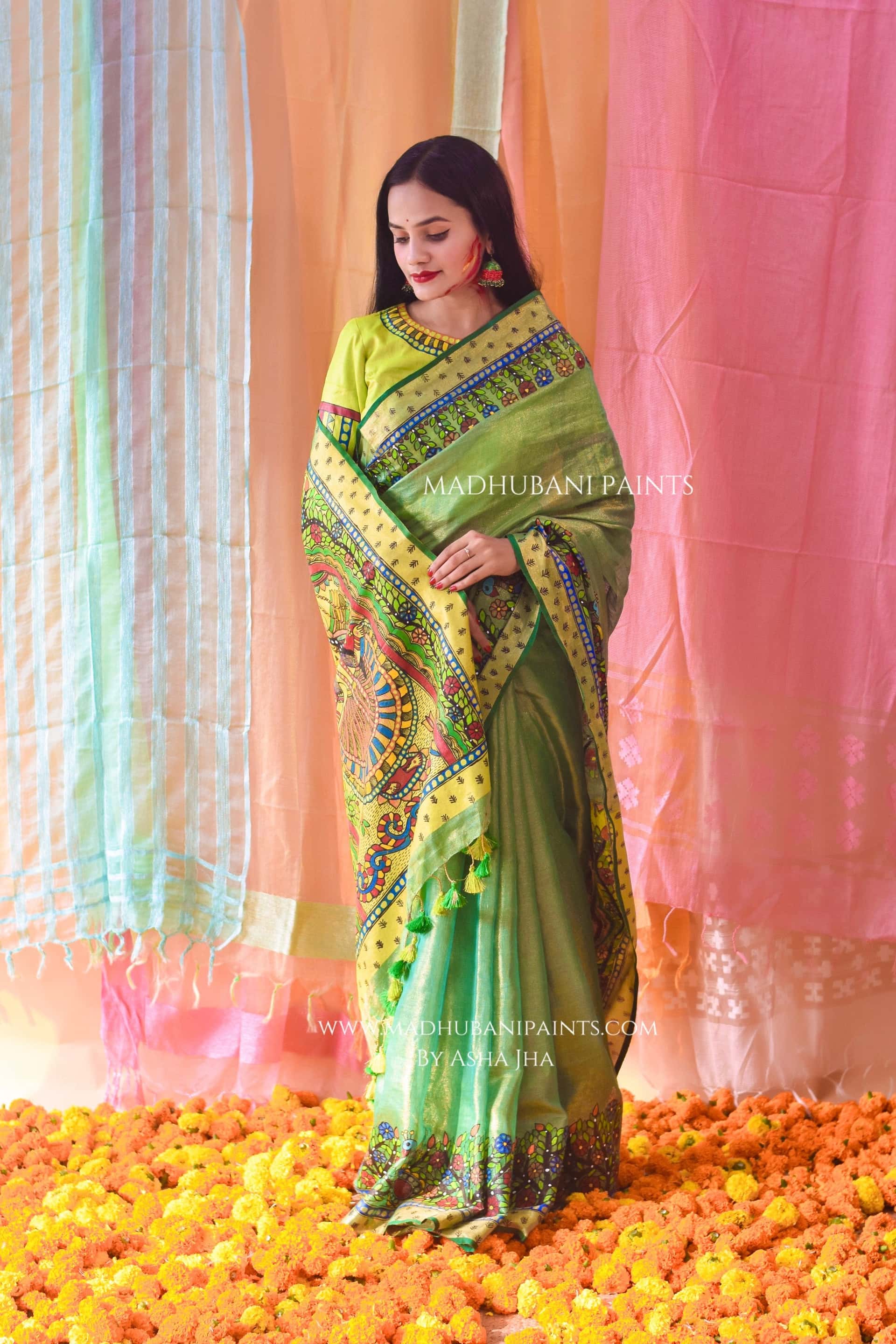 VASANTI Hand-painted Madhubani Tissue Linen Saree — image 2 of 8