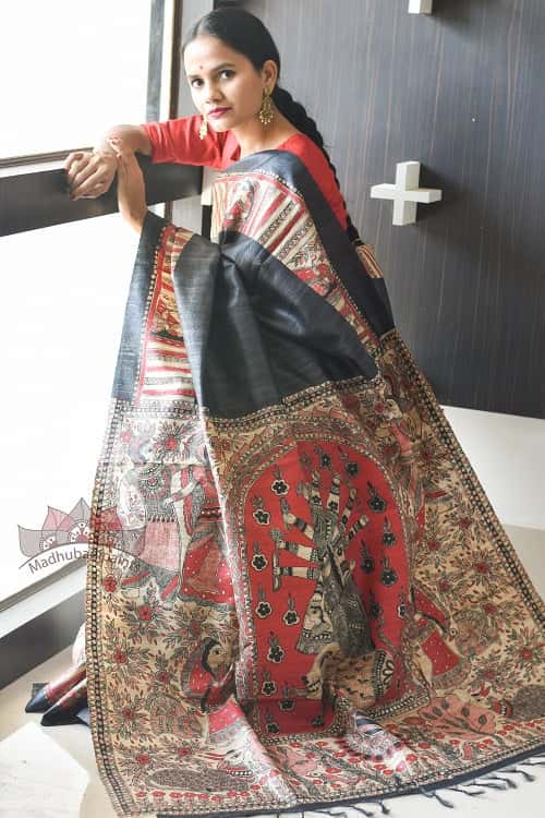Maa Durga Tussar Madhubani Black Handpainted Saree — image 3 of 4