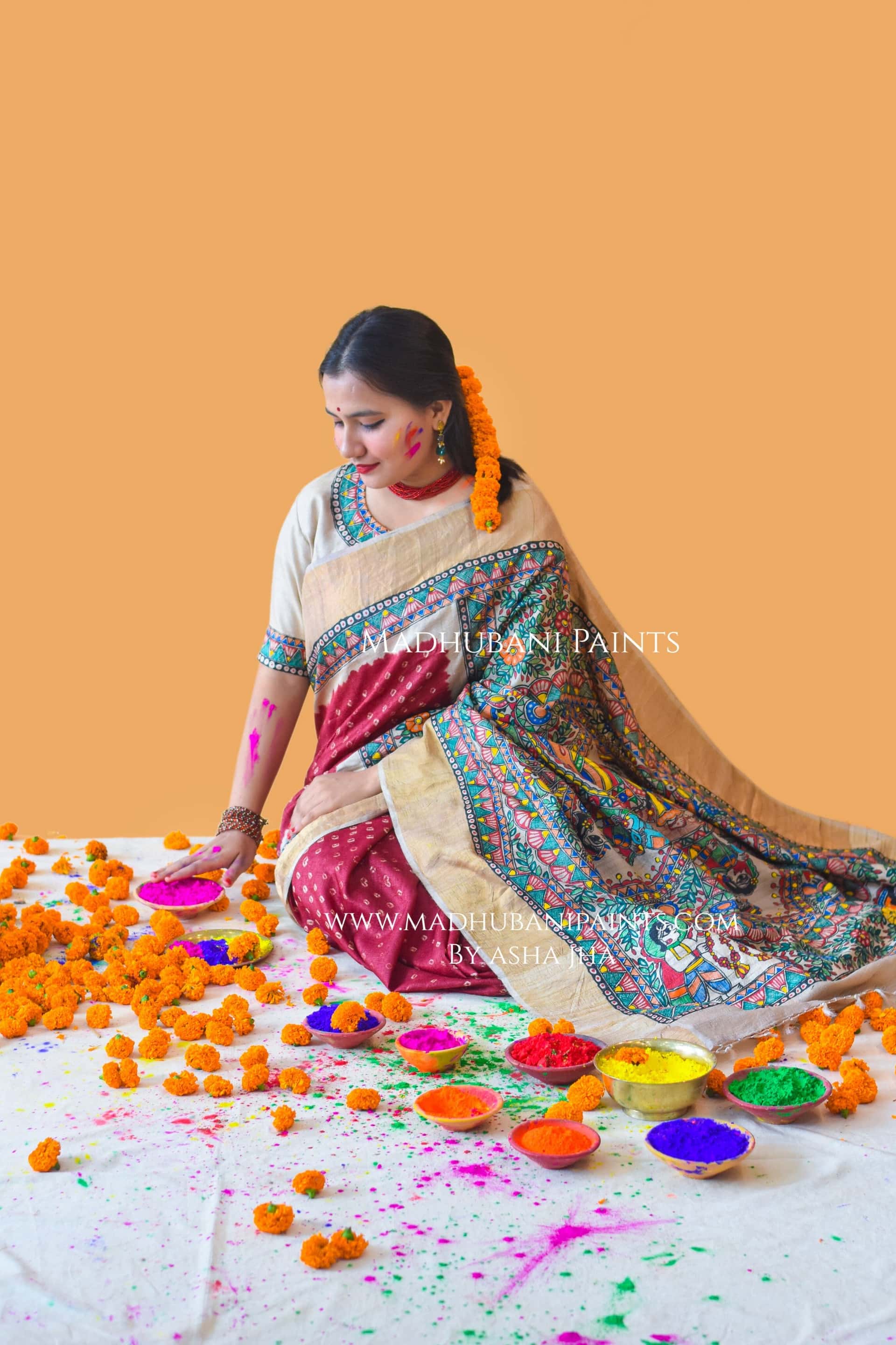GAURI PUJA Hand-painted Madhubani Bandhini Tussar Silk Saree — image 4 of 7