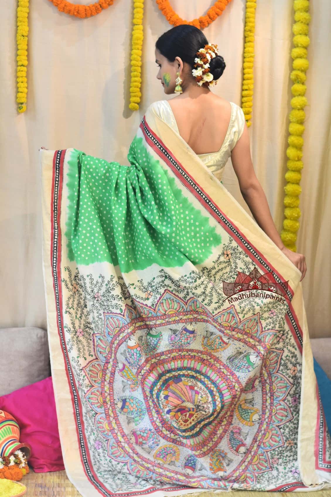 Madhubani Hariyali Bageecha Bandhej Hand Painted Saree — image 4 of 6
