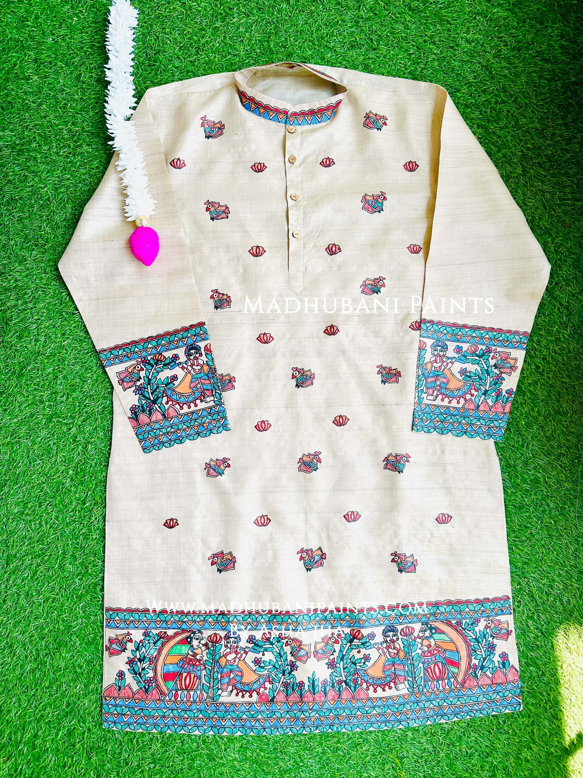 Radha Krishna Mayuri Hand-painted Handloom Men's Tussar Silk Kurta — image 2 of 4