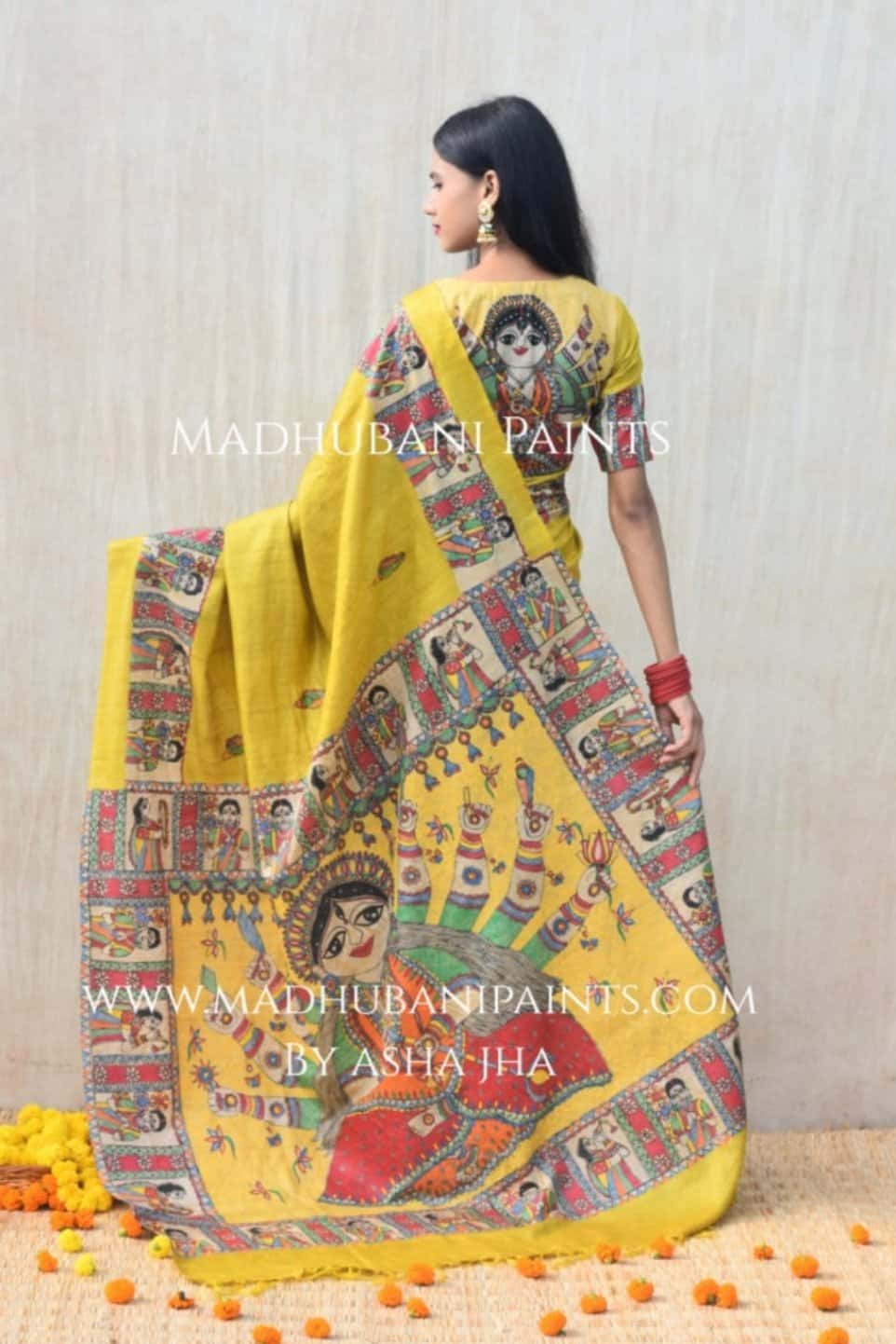 'GOLU DURGA JI' Handpainted Madhubani Tussar Silk Saree — image 2 of 10