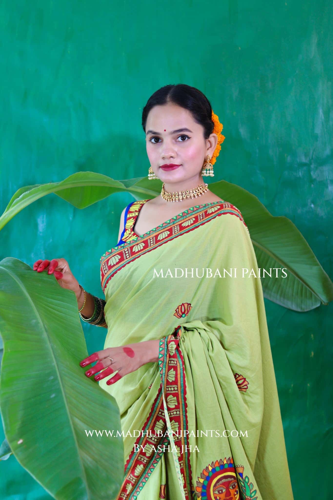 BHAKTI BHAVA Chhath Puja Hand painted Madhubani Cotton Saree — image 9 of 13