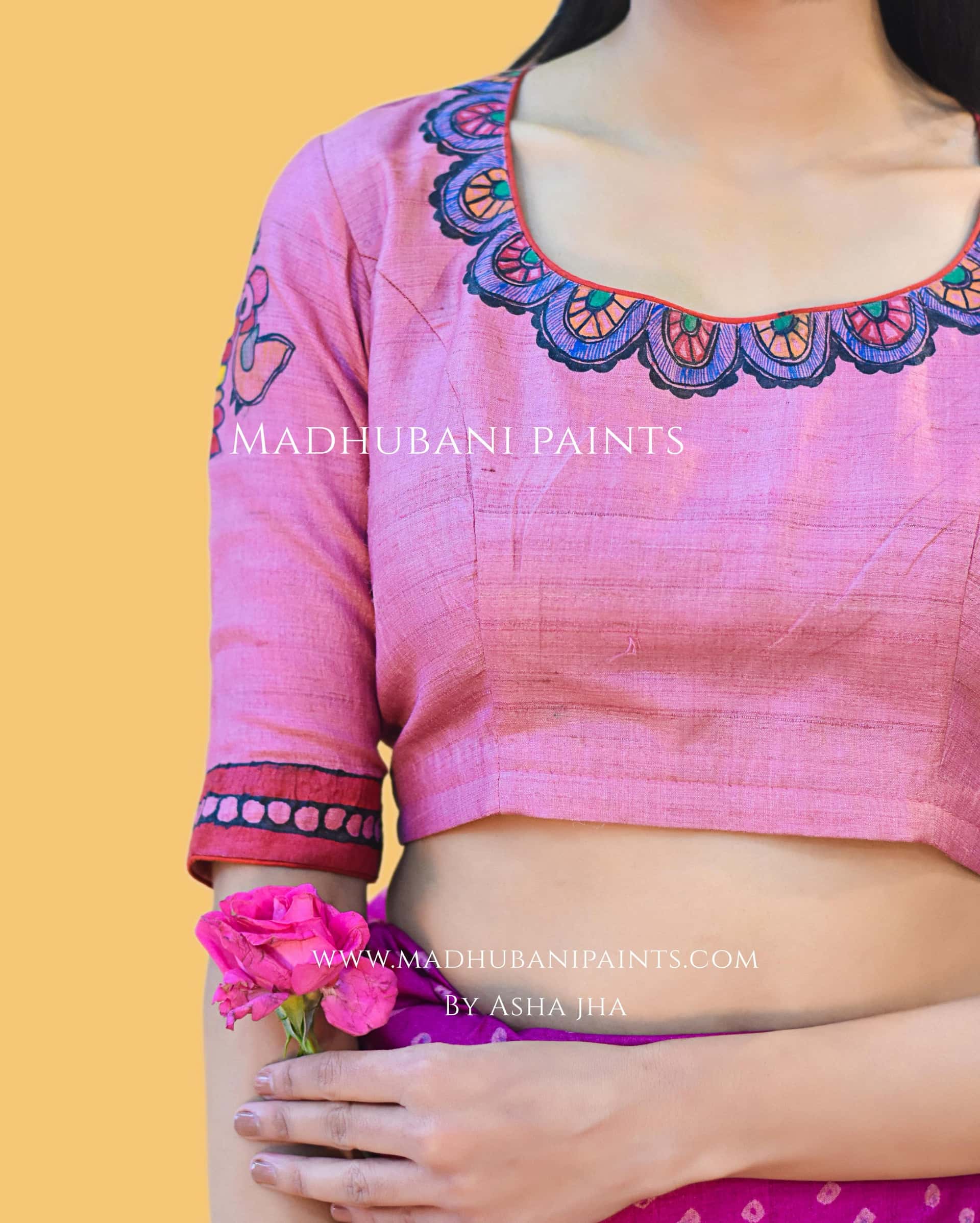 "GULABI DURGA" Handpainted Madhubani Bandhini Tussar Silk Saree Blouse set — image 4 of 9