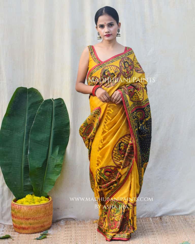 'GOVARDHAN' Handpainted Madhubani Tussar Silk Saree — image 2 of 9