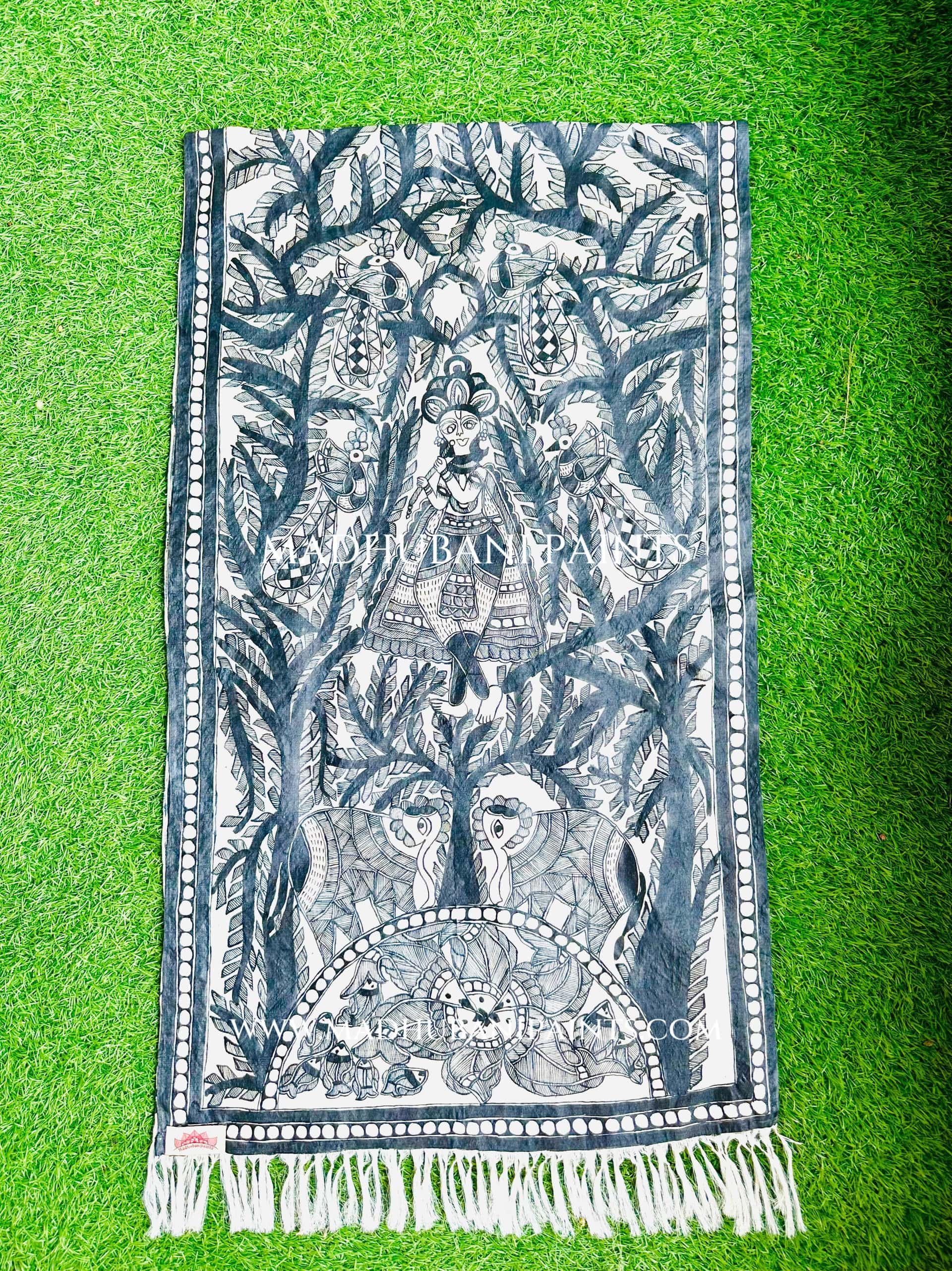 Madhubani Krishna Full Tussar Silk Madhubani Hand-painted Stole — image 2 of 2