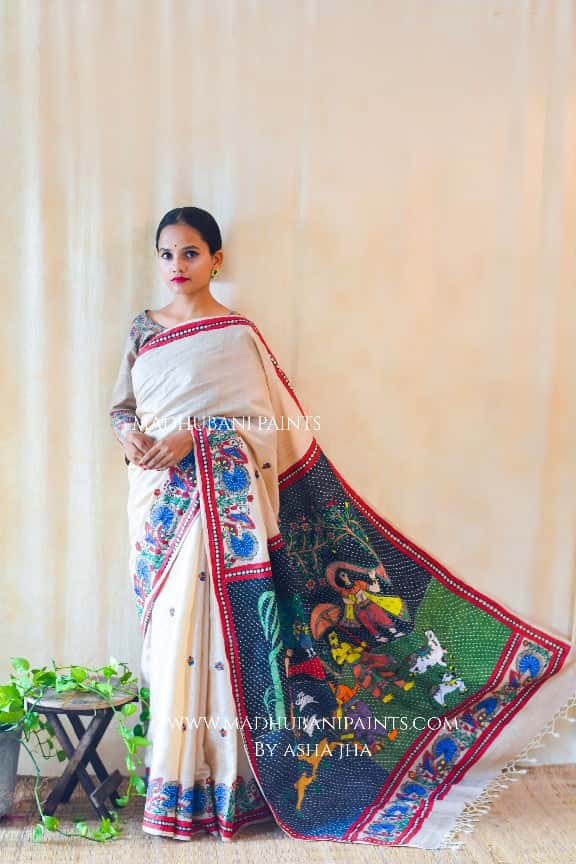 KRISHNA IN BAARISH' Handpainted Madhubani Tussar Silk Saree Blouse Set — image 5 of 8