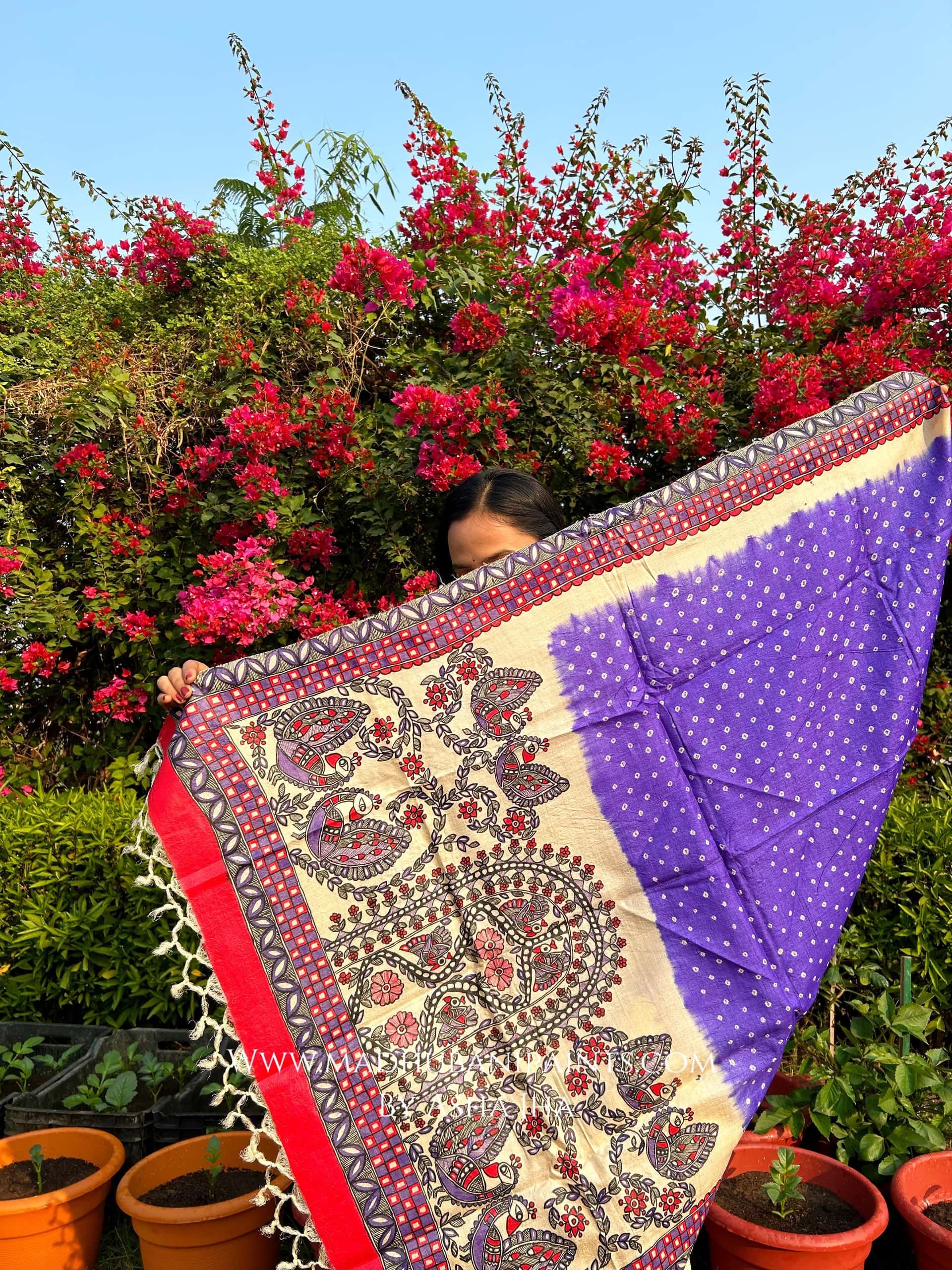 'BANDHINI MAYURI' Handpainted Madhubani Tussar Silk Dupatta — image 5 of 5