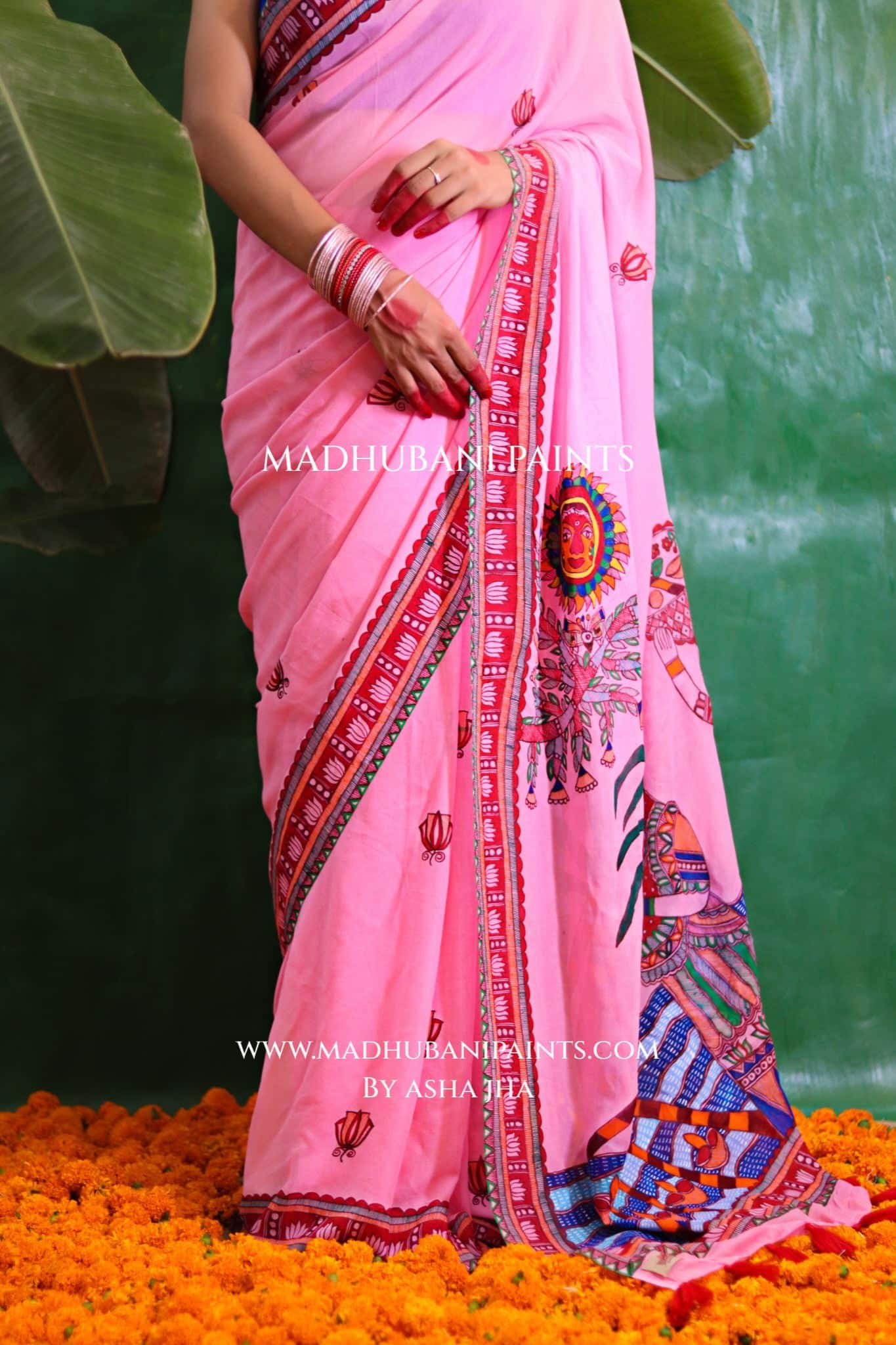GULABI BHAKTI BHAVA Chhath Puja Hand painted Madhubani Georgette Saree Blouse Set — image 6 of 10