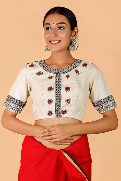 'Govardhan Leela' Handpainted Madhubani  Moonga Silk Blouse — image 2 of 7