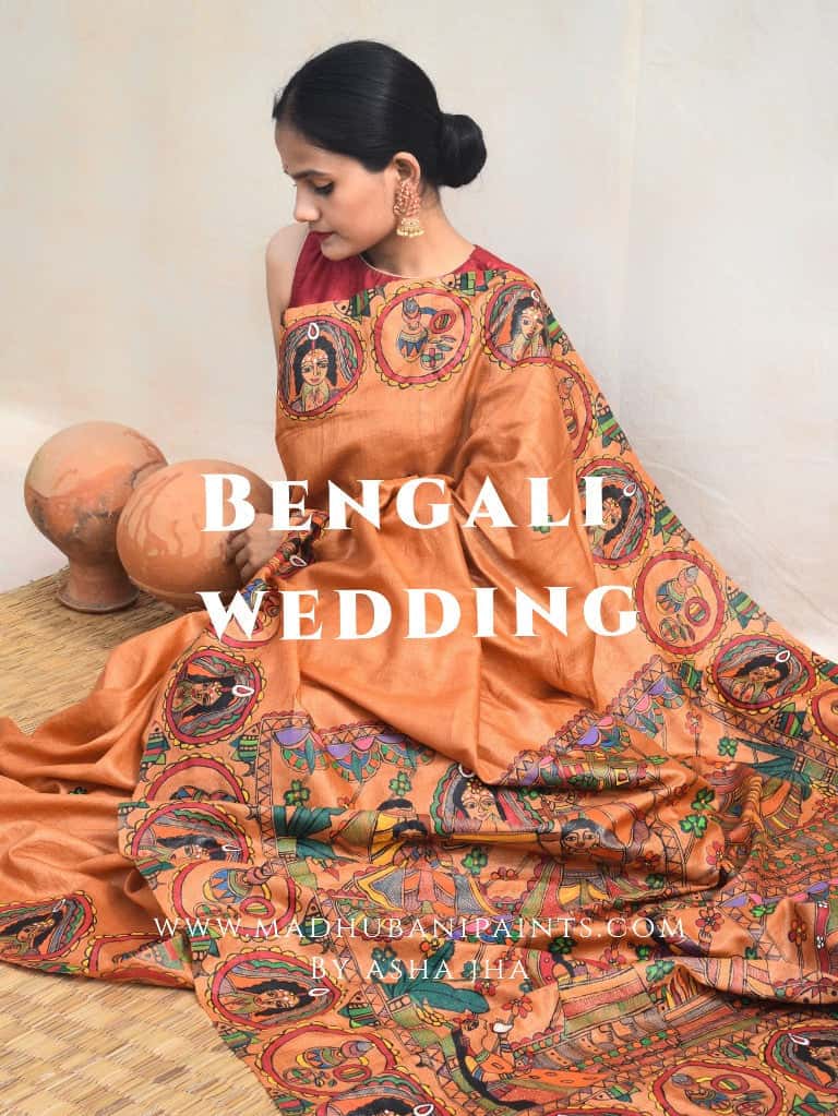 'BENGALI VIVAH' Handpainted Madhubani Tussar Silk Saree — image 3 of 5