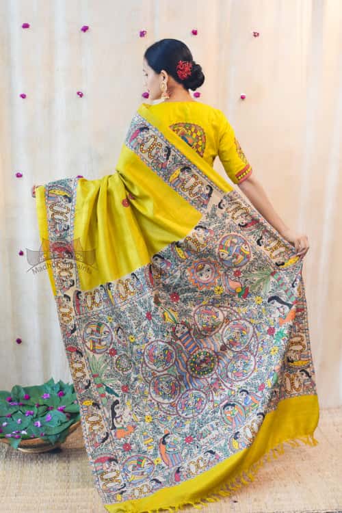 'MITHILA KOHBAR' Yellow Tussar Silk Saree — image 3 of 6