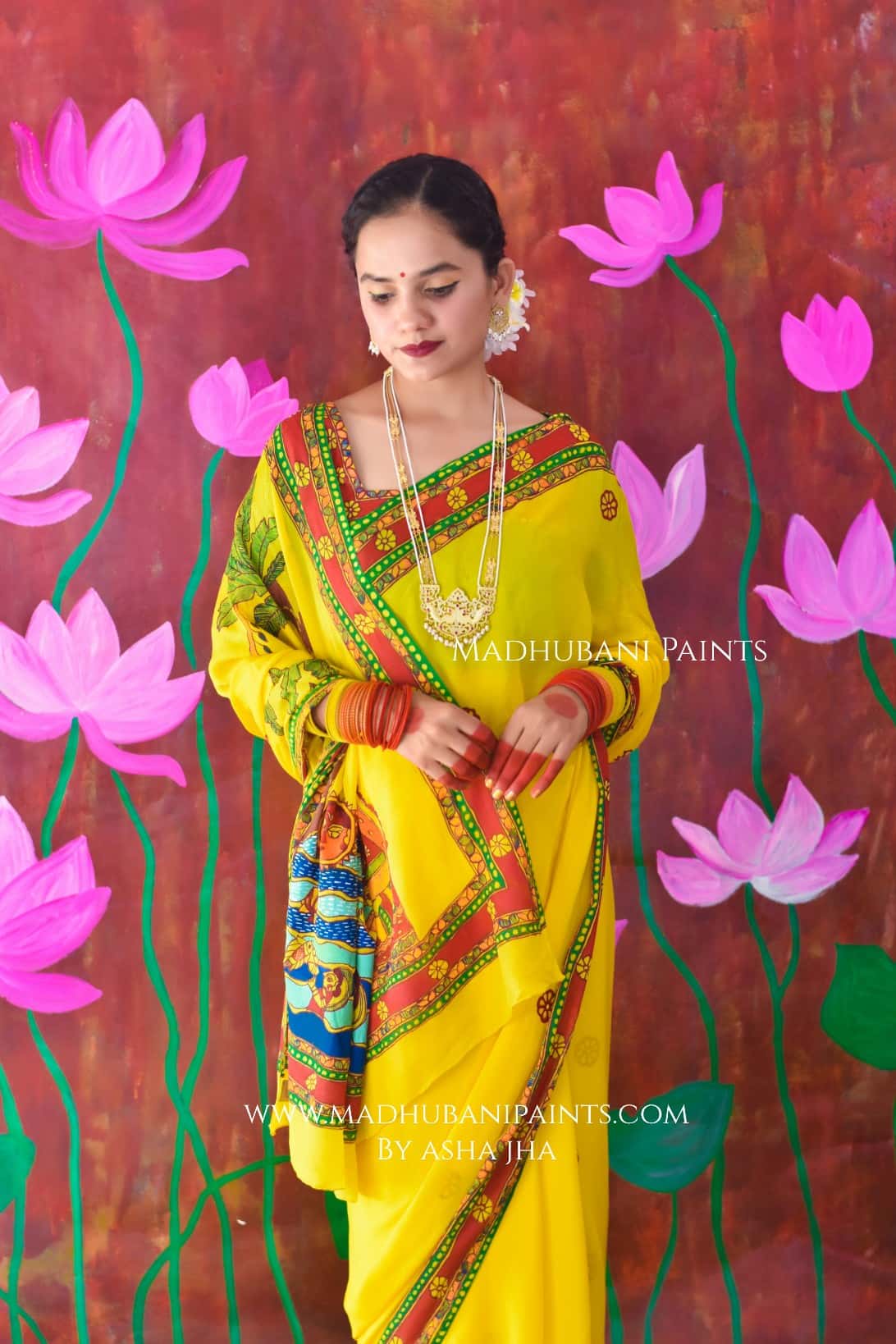 SURYA VANDANA Chhath Puja Handpainted Madhubani Chiffon Saree Blouse Set — image 8 of 11