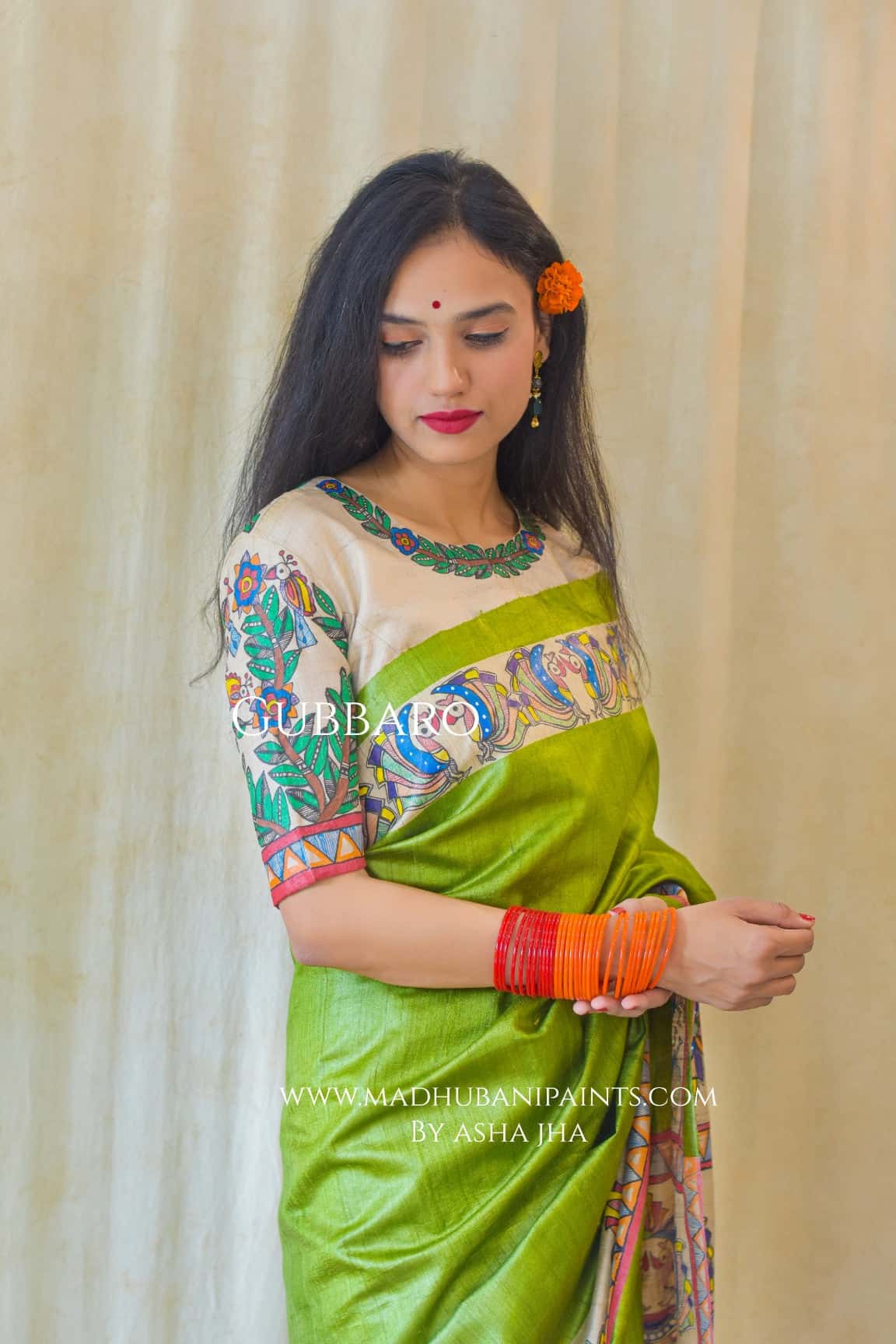 RADHA SANG KRISHNA Handpainted Madhubani Tussar Silk Saree Blouse — image 3 of 9