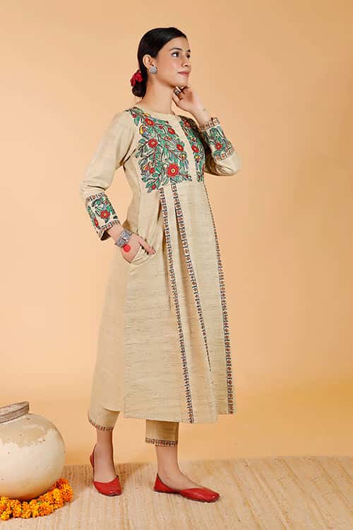 'Mayur' Handpainted Madhubani Pleated Dress Cotton Kurta — image 4 of 8