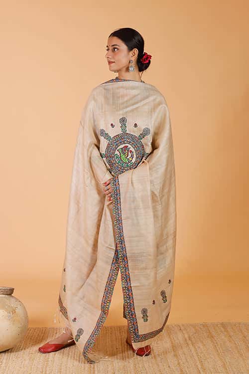 'Maithili' Handpainted Madhubani Tussar Silk Dupatta — image 2 of 4
