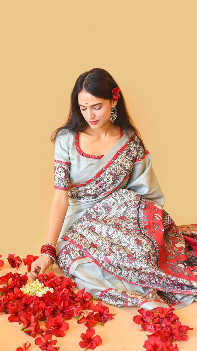 'RAJESHWARI' Handpainted Madhubani Tussar Silk Blouse — image 5 of 7