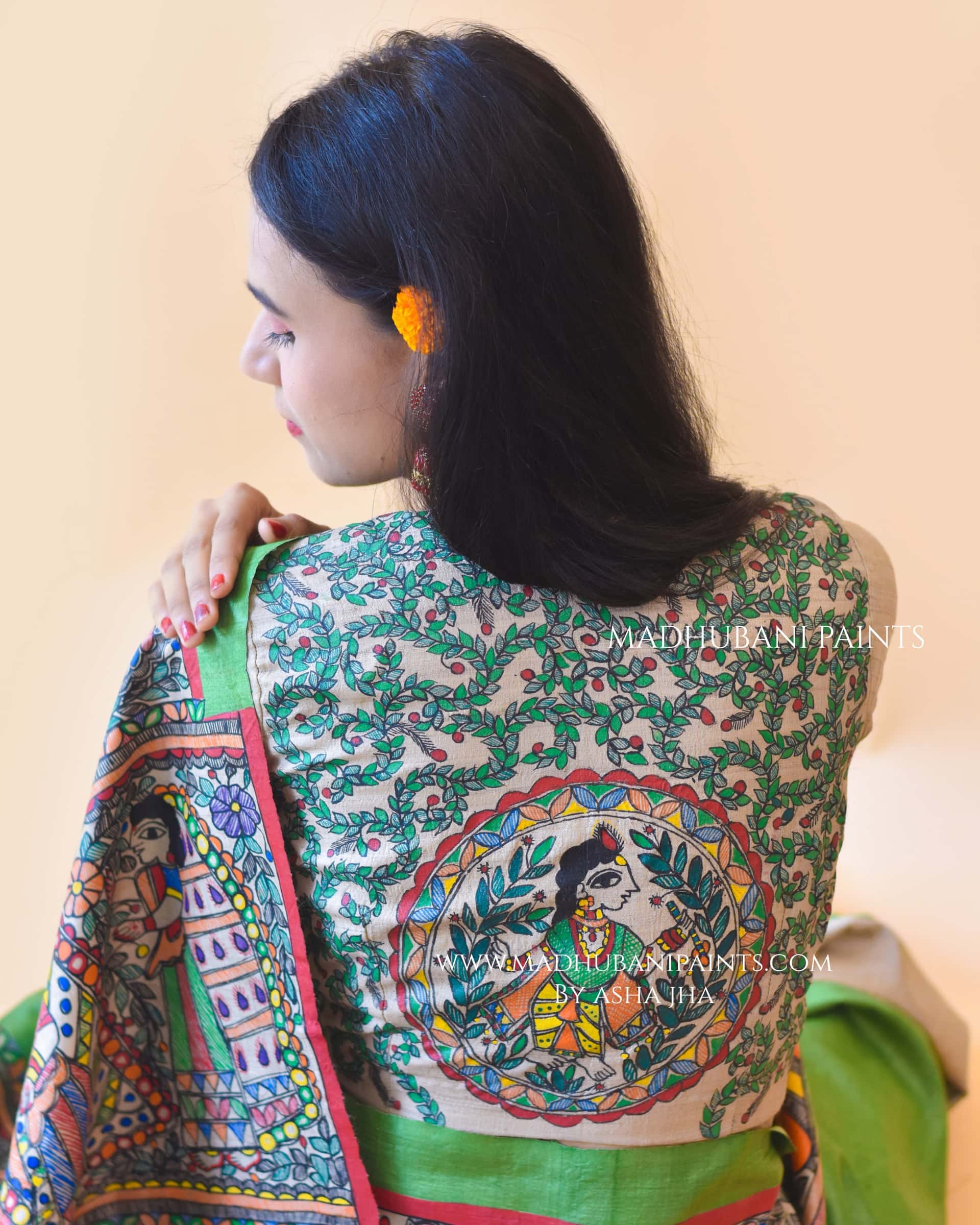 "Hariyali Ramayan" Hand-painted Madhubani Tussar Silk Saree Blouse Set — image 6 of 8