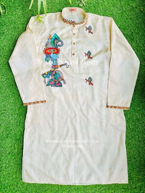 Krishna's Mor Paankh  Boota Hand-painted  Madhubani Men's Tussar Silk Kurta — image 2 of 4
