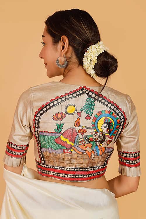 'Nandgopal Radha' Handpainted Madhubani Tussar Silk Blouse — image 5 of 7