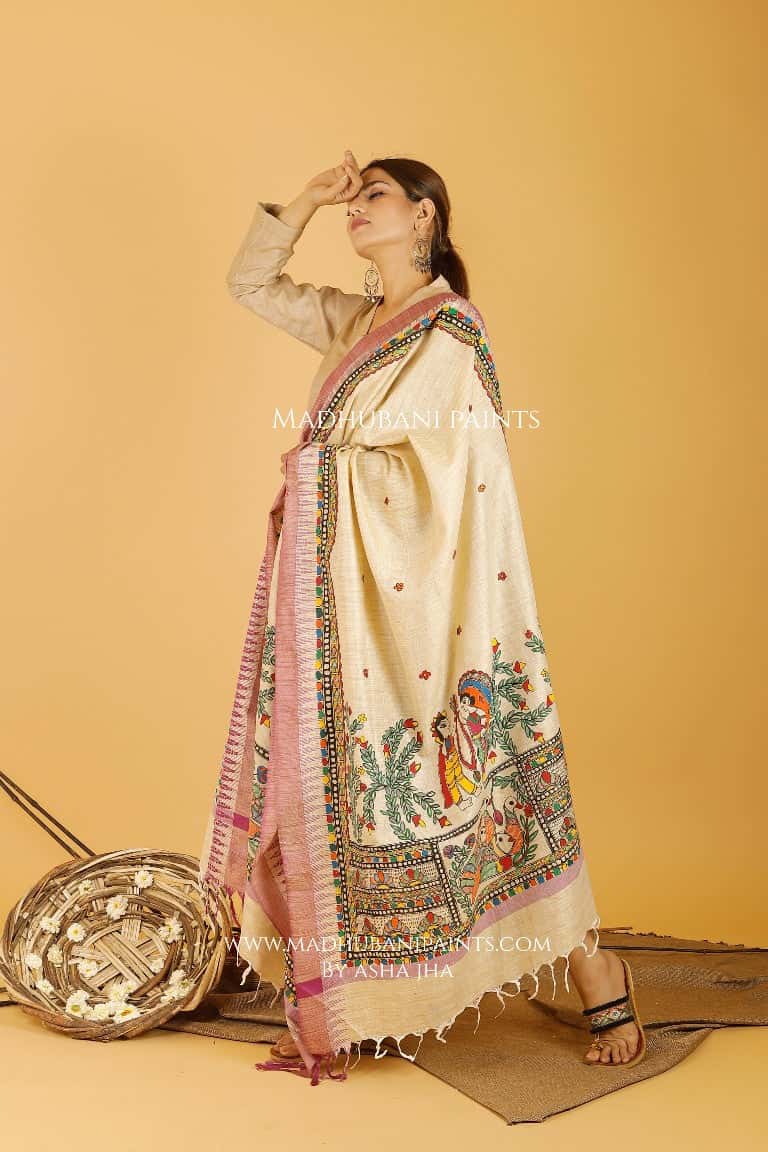 Sita Swaymbar Kathaa Madhubani Handpainted Pure Handloom Cotton Dupatta — image 4 of 4