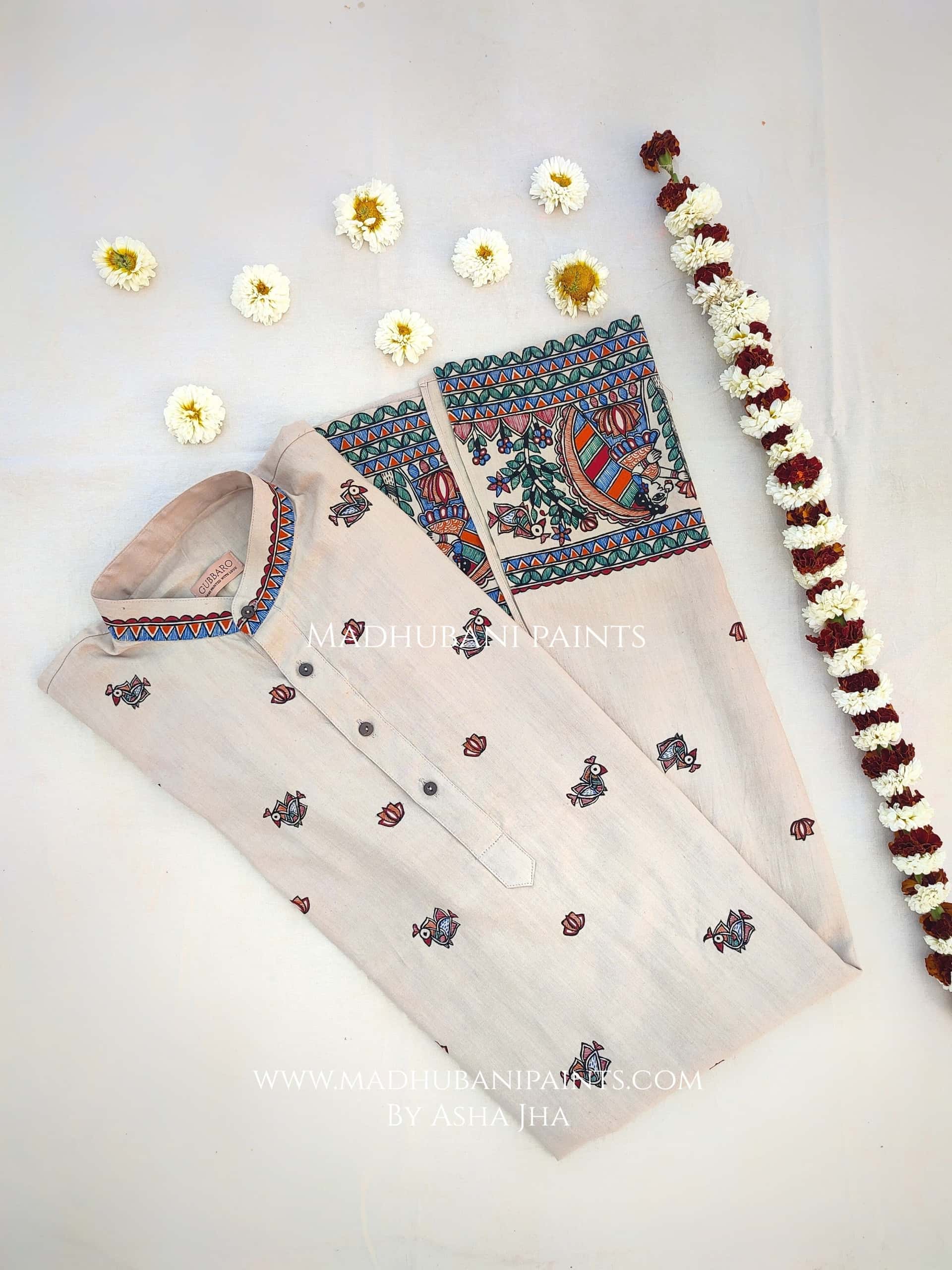 Radha Krishna Mayuri Hand-painted Handloom Men's Cotton Kurta — image 2 of 6
