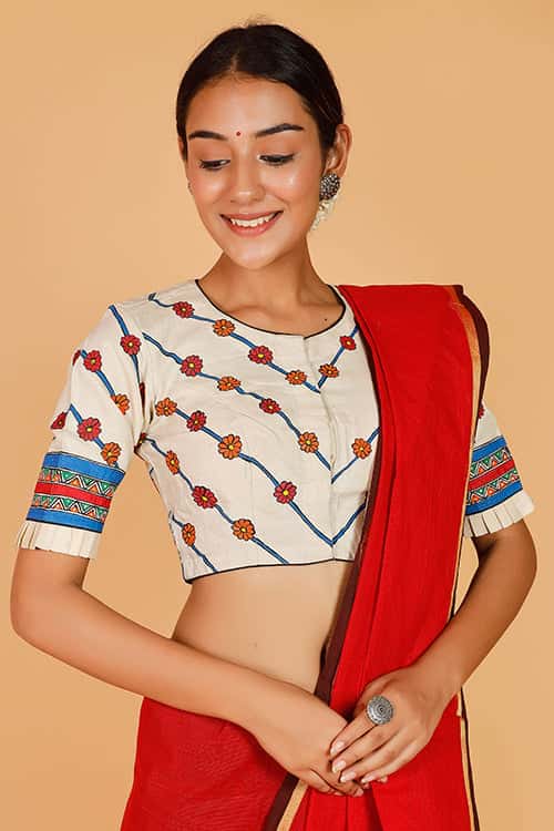 'Ecstatic Mayur' Handpainted Madhubani Moonga Silk Blouse — image 2 of 7