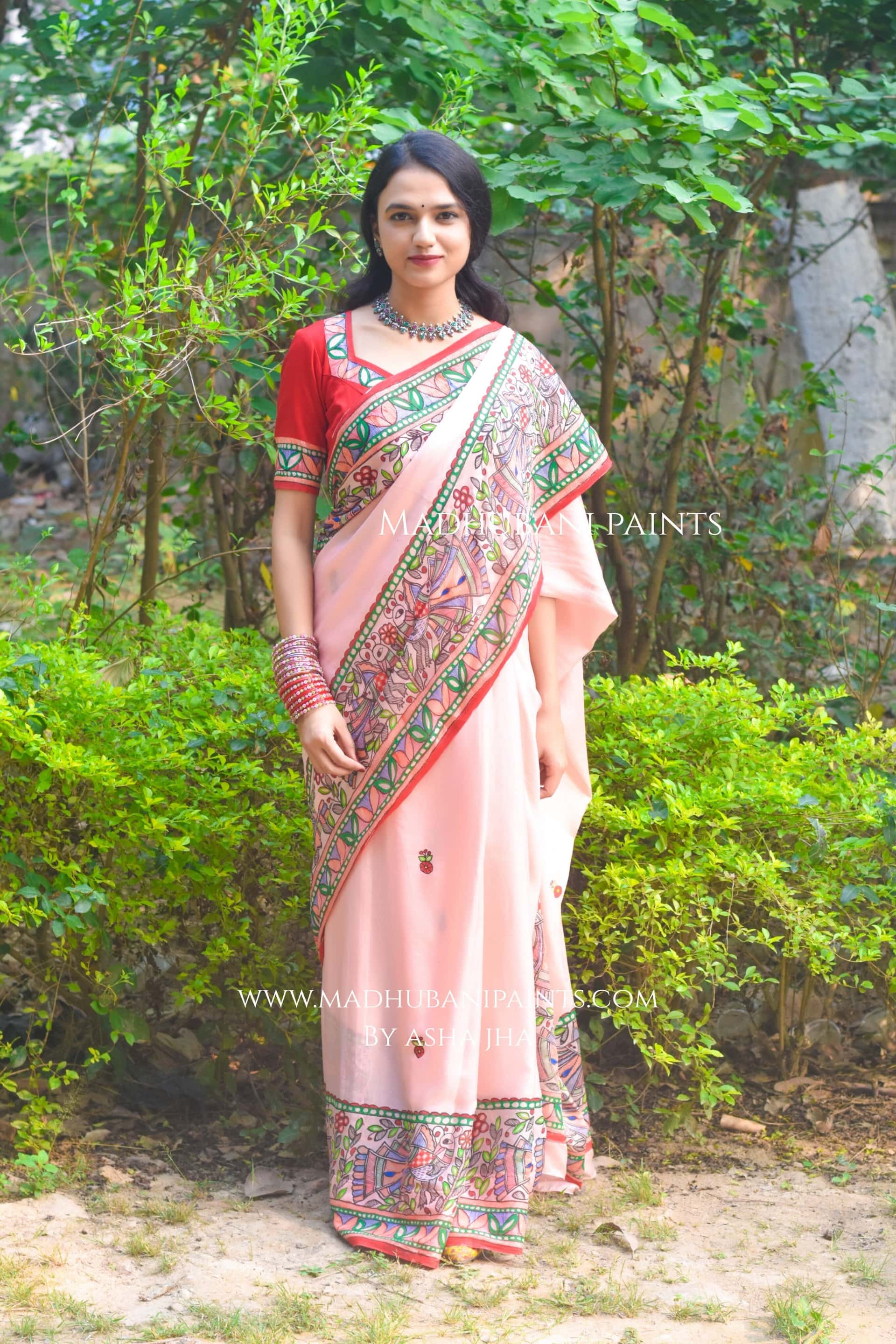 Gulabi Mor Hand-painted Madhubani Chiffon Saree Blouse Set — image 6 of 11