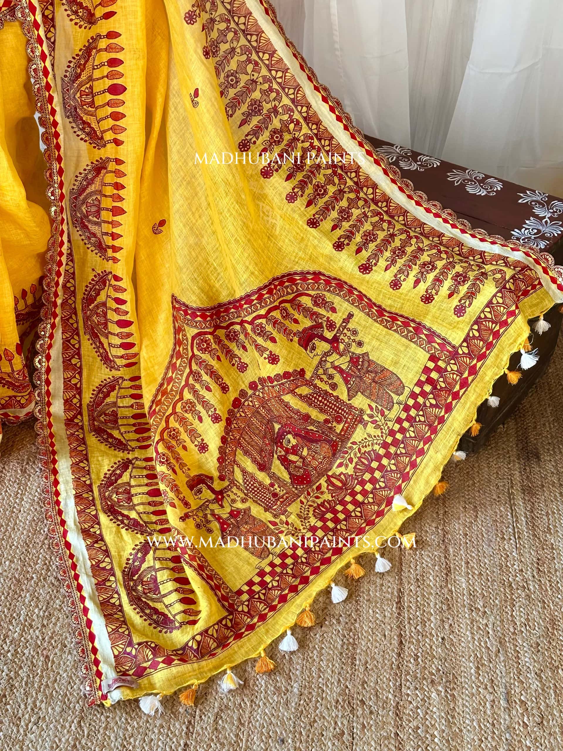 Haldi Bridal Hand-painted Madhubani Painting Saree Blouse Set — image 6 of 11