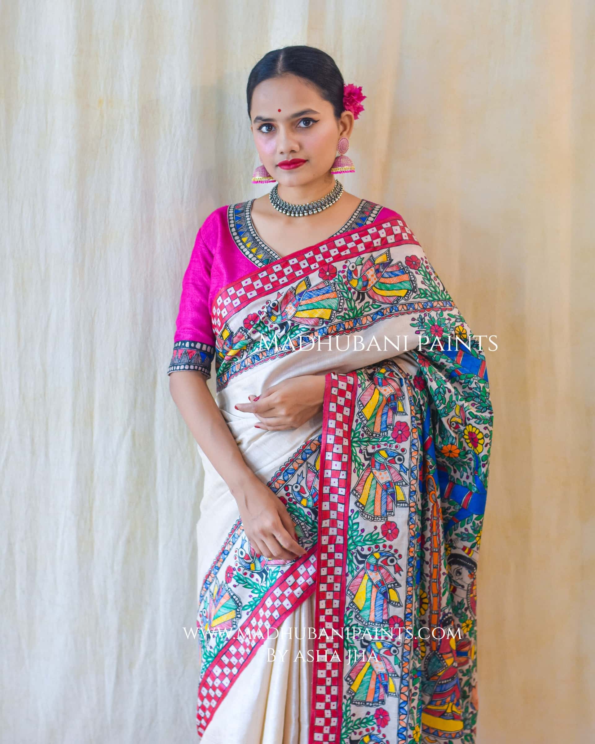 MADHURIMA Hand-painted Madhubani Tussar Silk Saree Blouse Set — image 4 of 11
