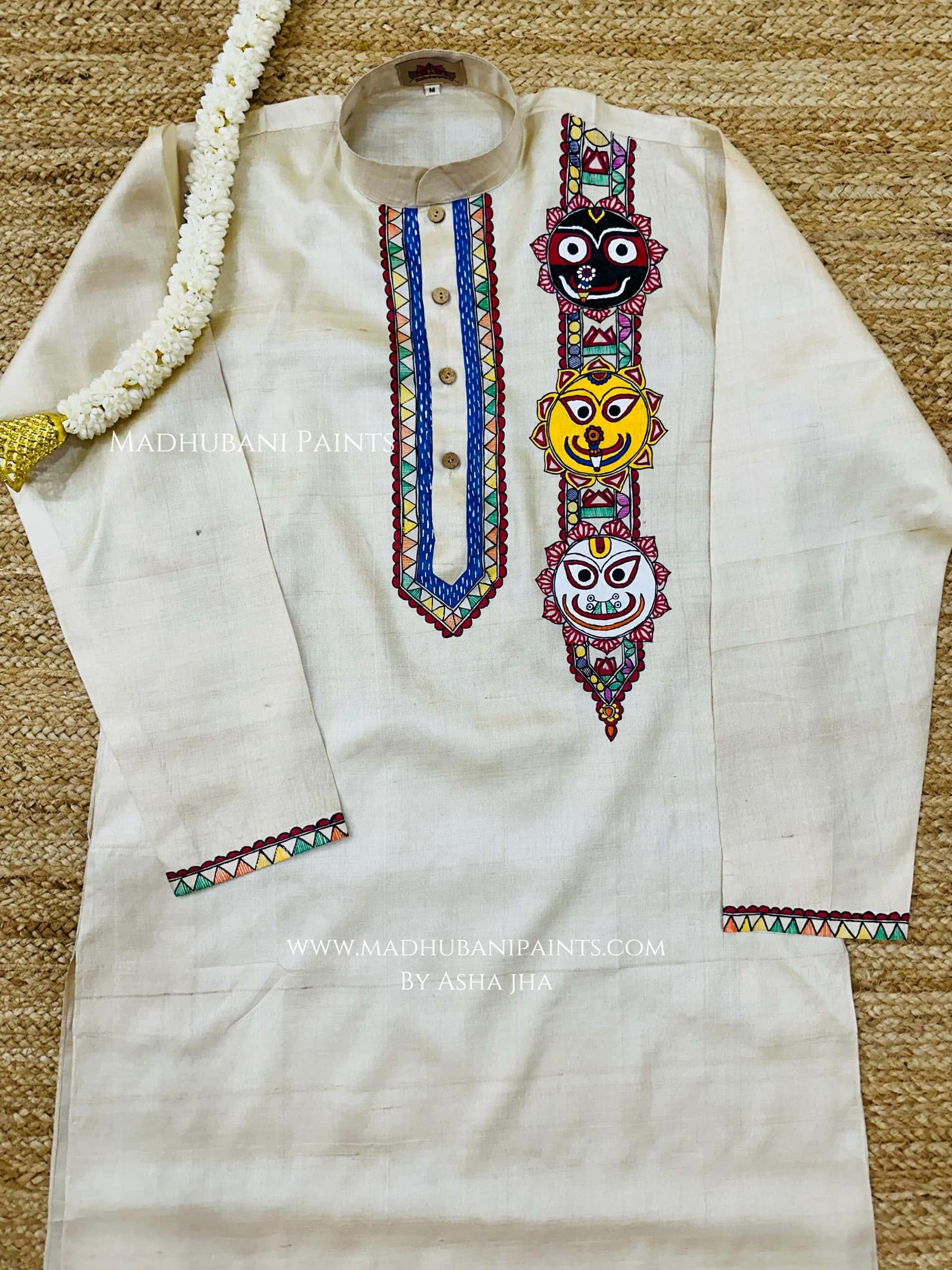 Lord Jagannatha, Subhadra and Balabhadra Hand-painted  Madhubani Men's Tussar Silk Kurta — image 2 of 5
