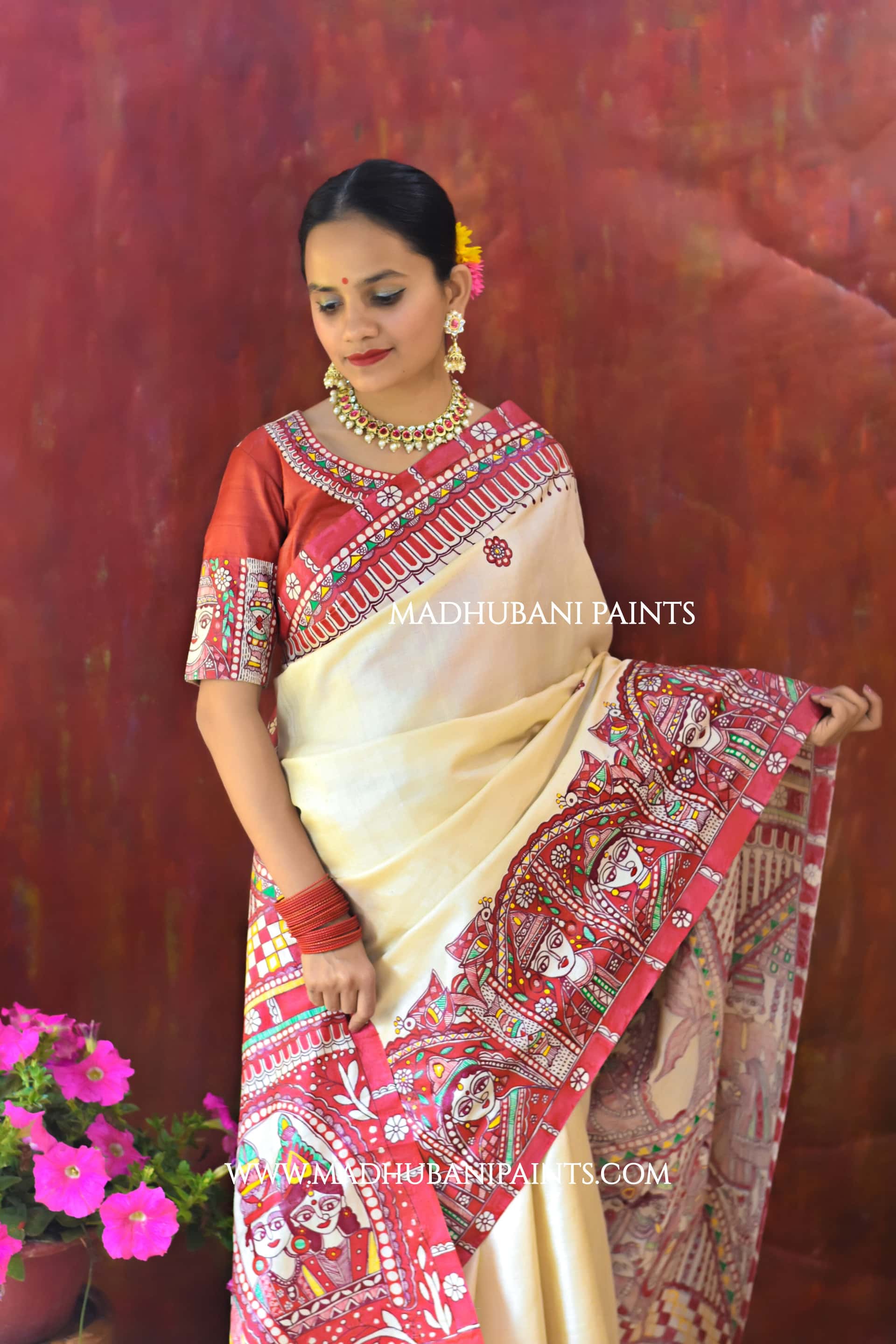 BENGALI BRIDE Hand-painted Madhubani Tussar Silk Saree — image 4 of 5