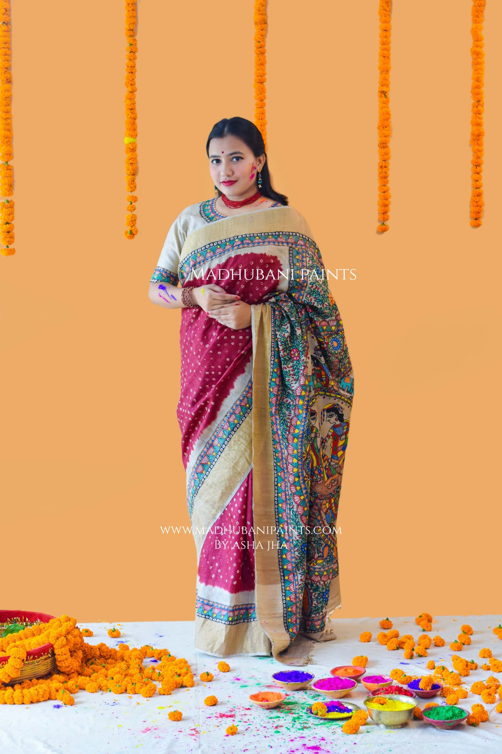 GAURI PUJA Hand-painted Madhubani Bandhini Tussar Silk Saree Blouse Set — image 2 of 10