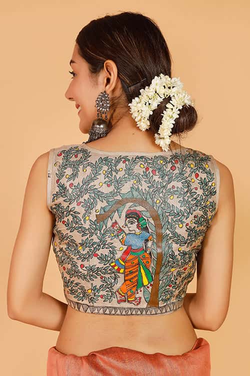 'Sita's Mithila Baag' Handpainted Madhubani Tussar Silk Blouse — image 3 of 7