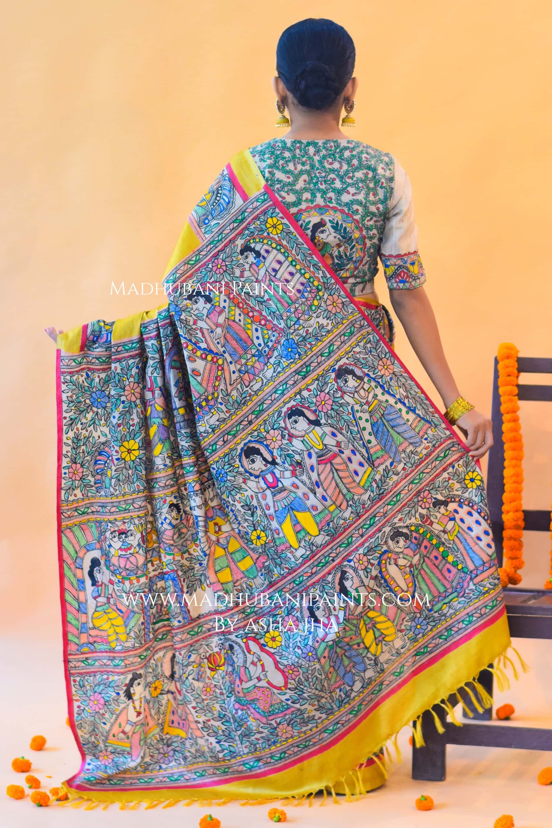 "Peela Ramayan" Hand-painted Madhubani Tussar Silk Saree — image 4 of 5