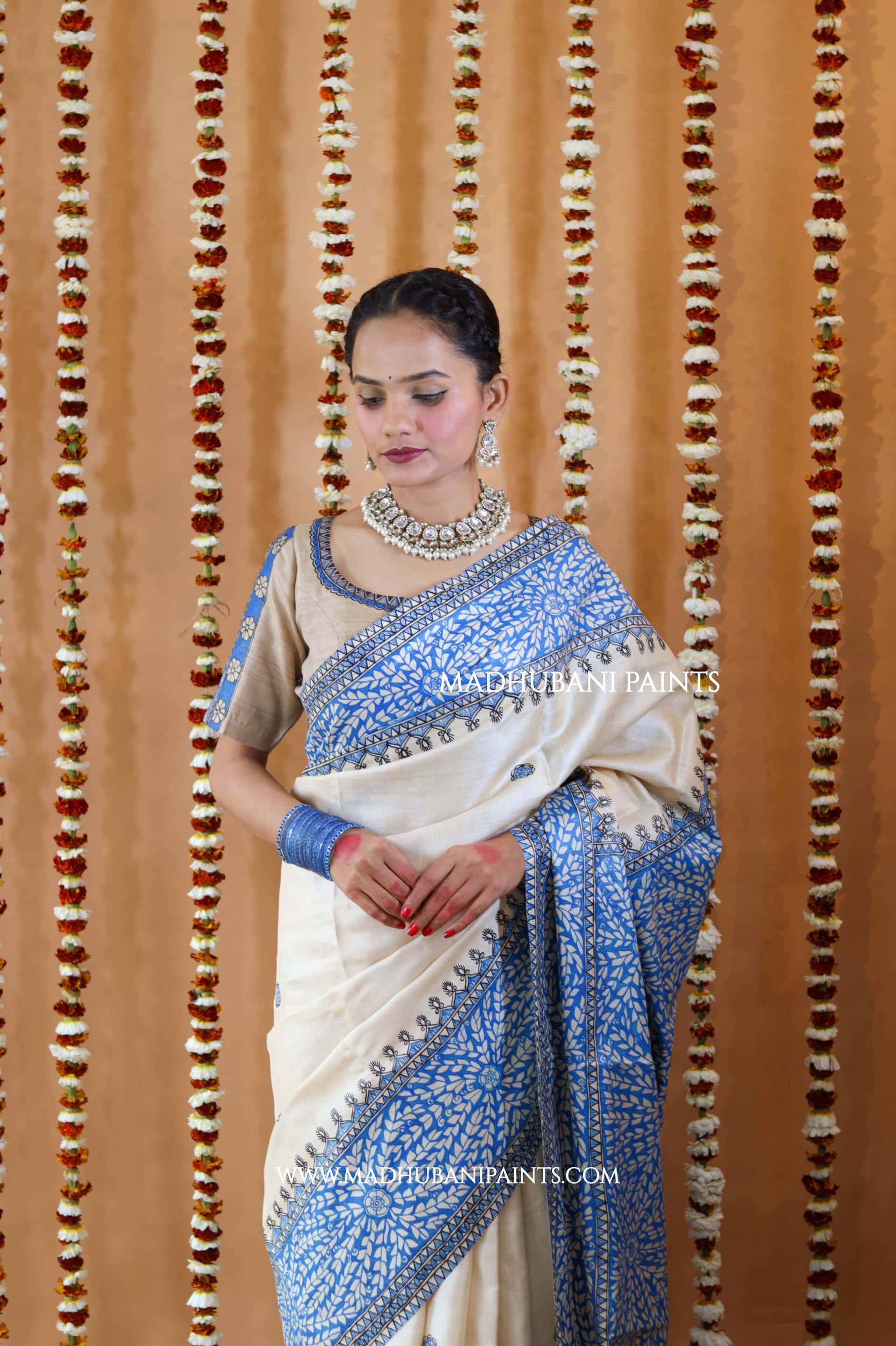 Blue Patta Handpainted Tussar Silk Saree — image 8 of 10