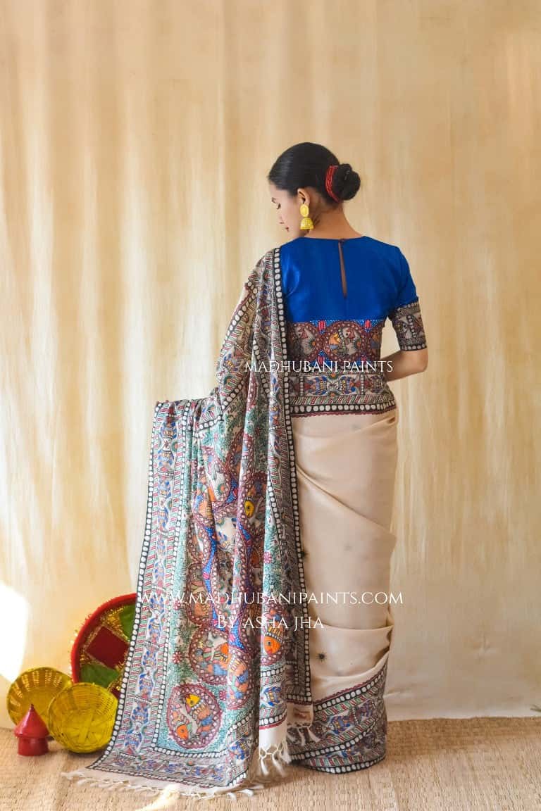 'MATSYA RAAS'  Handpainted Madhubani Tussar Silk Saree Blouse Set — image 8 of 9