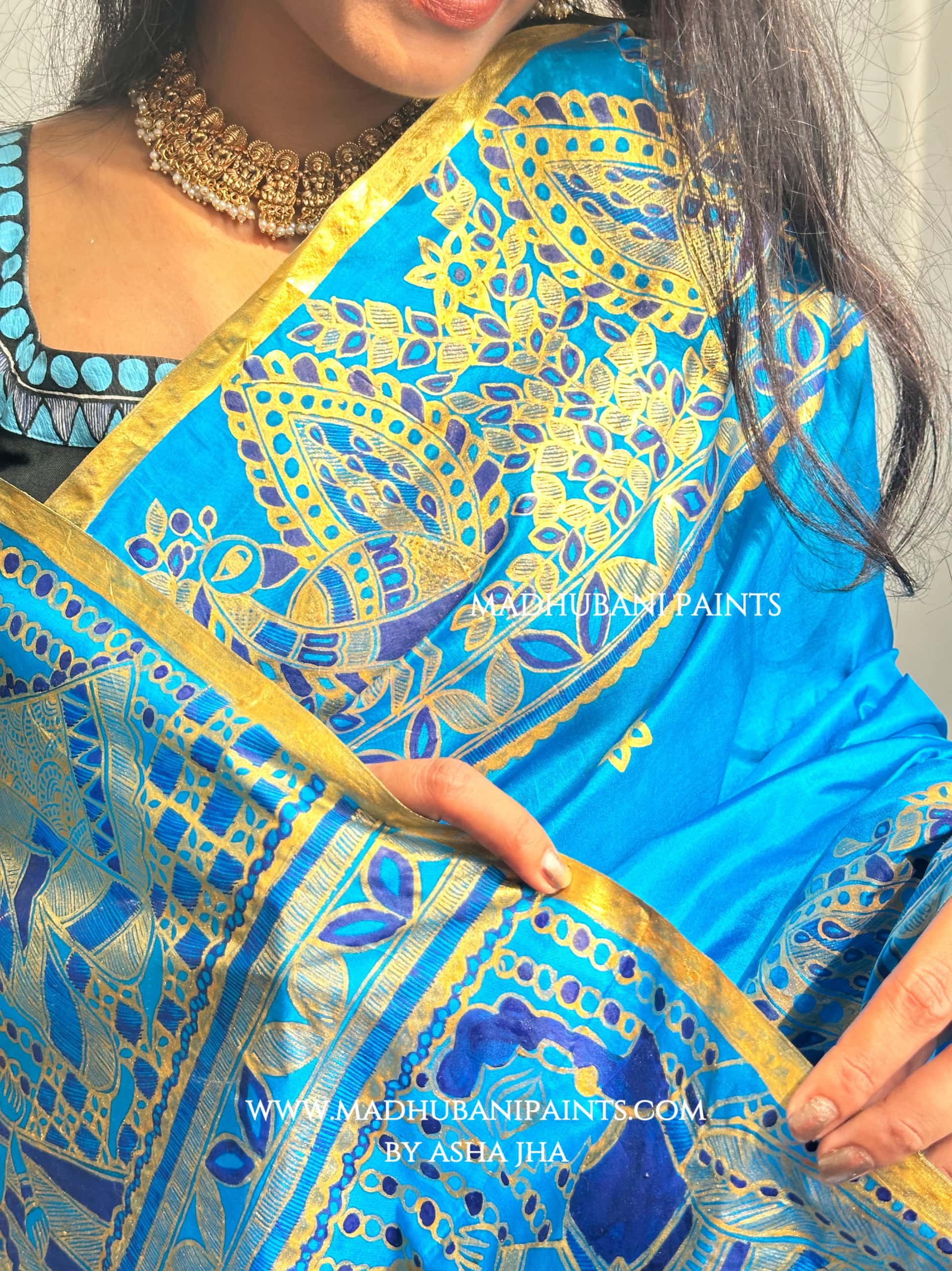 AASMANI KANYADAAN Hand-painted Madhubani Kanjeevaram Silk Saree — image 9 of 12