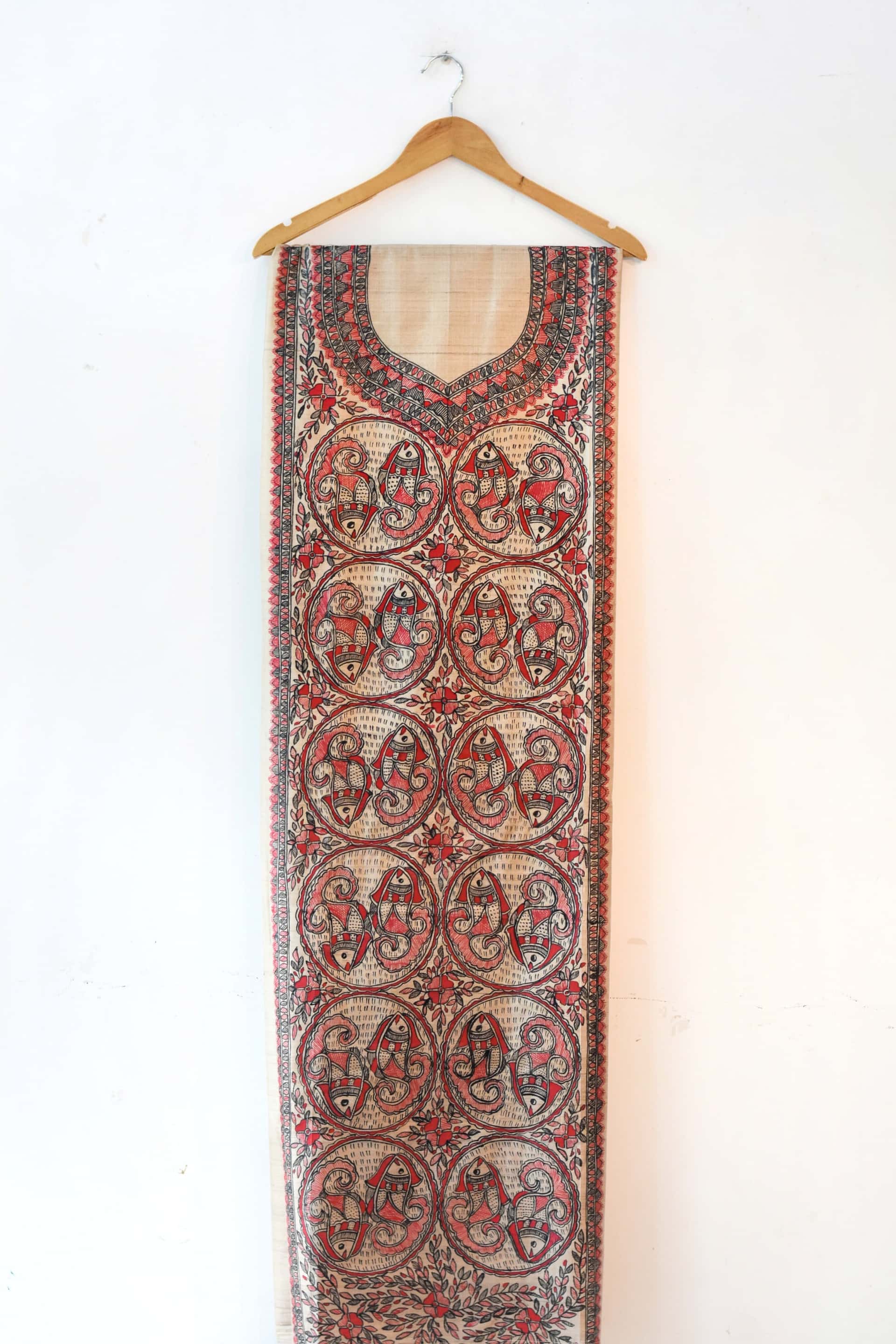 Laal Kaala Matsya Hand-painted Madhubani Painting Tussar Silk Unstitched Kurta — image 2 of 2